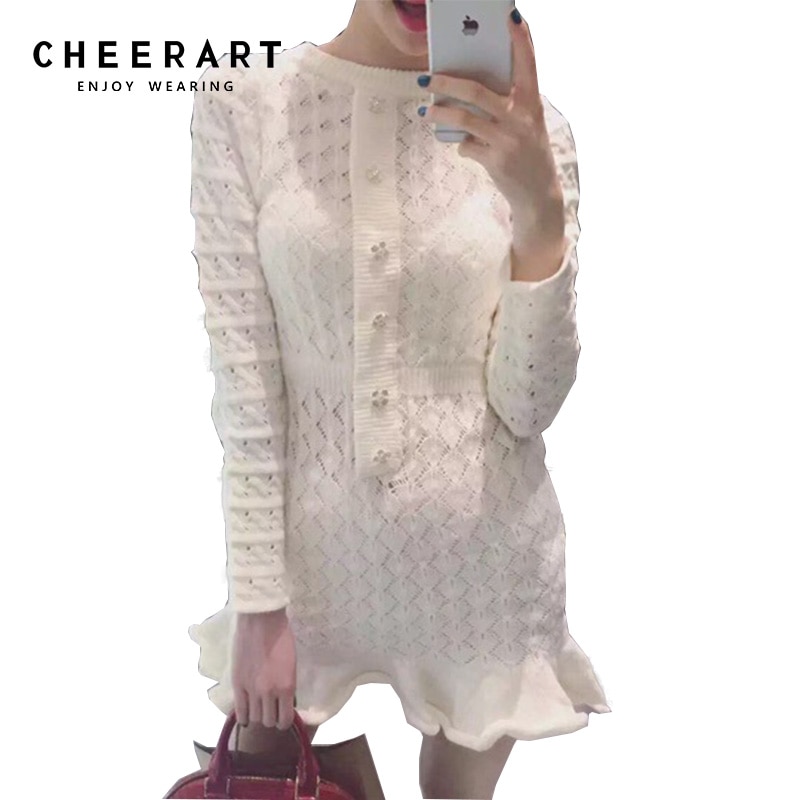 Cheerart Warme Gebreide Trui Jurk Vrouwen Bodycon Mermaid Jurk Button Tuniek Ruches Mini Dames Jurken Voor Winter