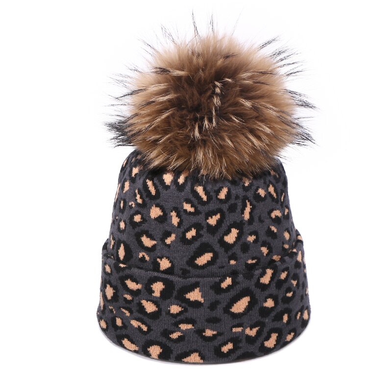 Vrouwen Luipaard Beanie Hoed Met Wasbeer Bont Pompom Winter Warm Printing Slouchy Mutsen En Sjaal Femme Skullies & Beanie hoofddeksels