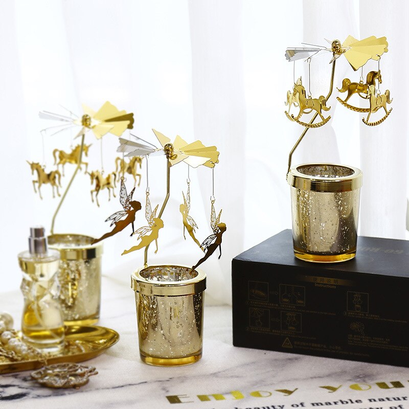 Guld roterende lysestage gå rundt candlechirstmas metal roterende lysestage romantisk roterende roterende fyrfadslys