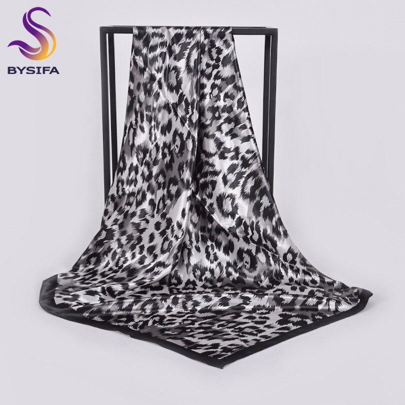 [Bysifa] Herfst Winter Dames Sjaals Accessoires Vrouwen Grote Zijde Vierkante Sjaals Wijn Rood Paisley Moslim Islamitische sjaal: grey black leopard