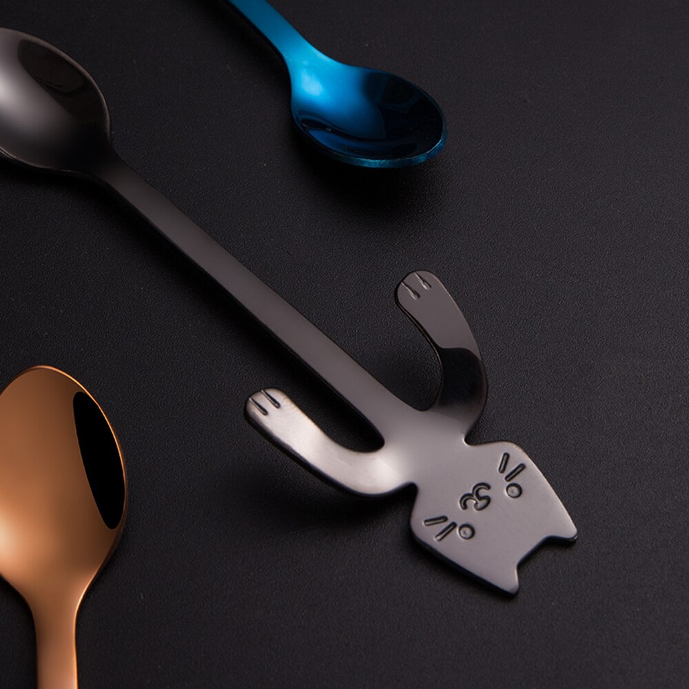Coffee Spoon Mini 304 Stainless Steel Cartoon Cat Spoon Long Handle Flatware Coffee Drinking Tools Kitchen Gadget