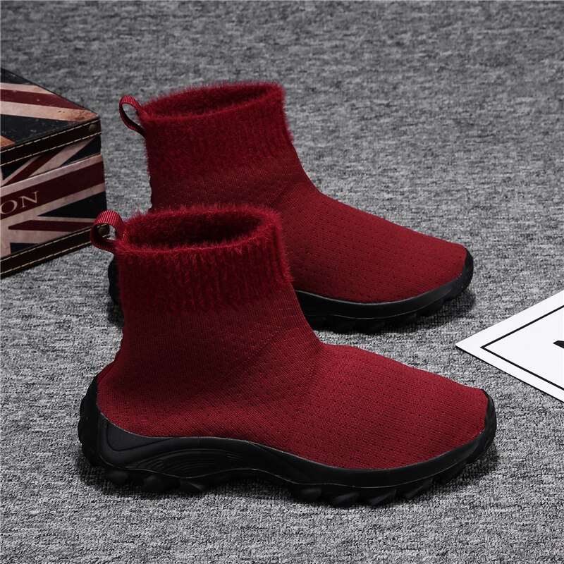 Yrrfuot winter high-top warm gesneden fluwelen damesschoenen outdoor solf all-match gevulkaniseerde schoenen dames sneaker sokken schoenen: Rood / 6.5