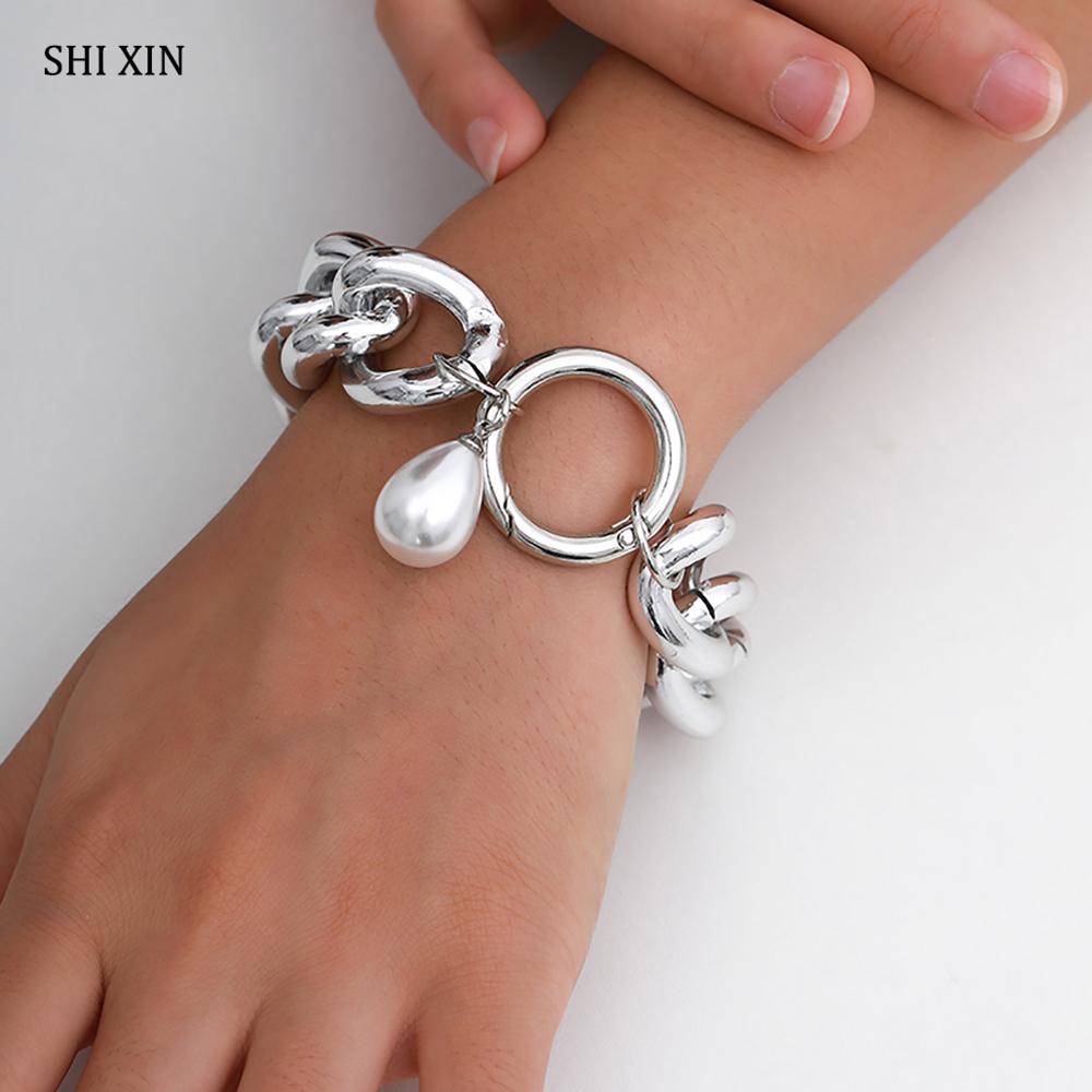 SHIXIN punk Spessa cubano collegamento Bracciale A Catena con Pendente Della Perla Del Braccialetto per Le Donne Catena Della Mano di Modo Dei Monili del Braccialetto di Fascino 2020
