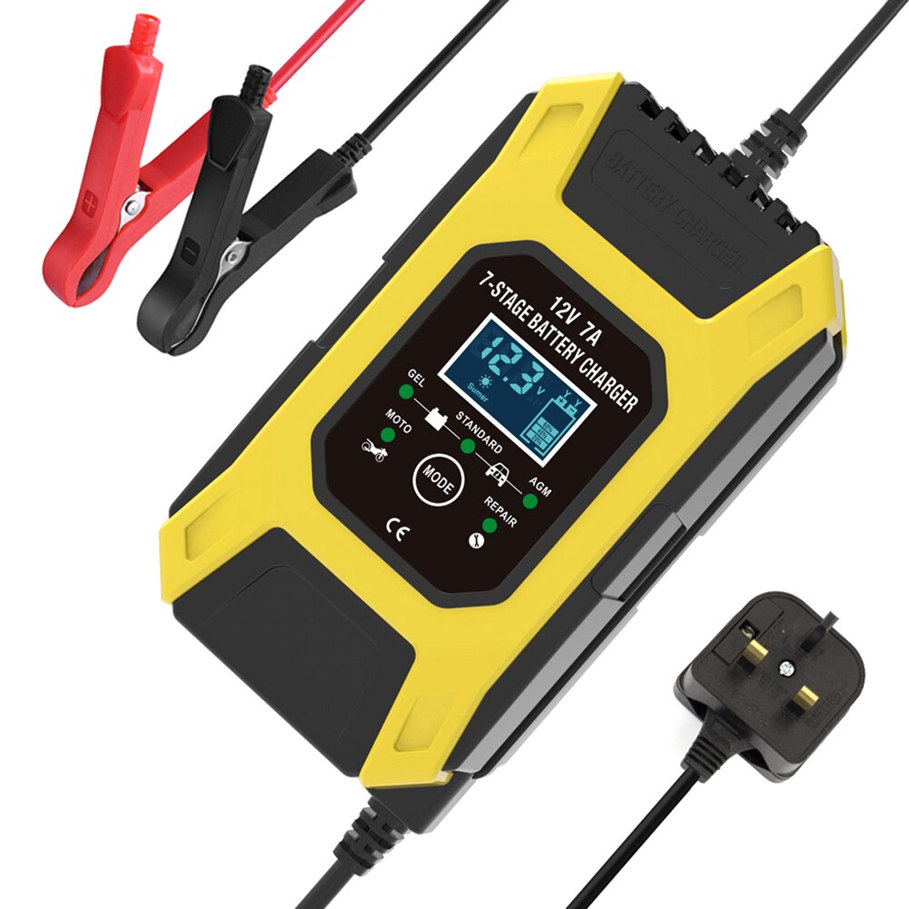 Smart Car Battery Charger 12V 7A 7-Stage Automatic Pulse Repair Charger with LCD for AGM Lead Acid Wet Gel Dry Cell Battery: UK Plug