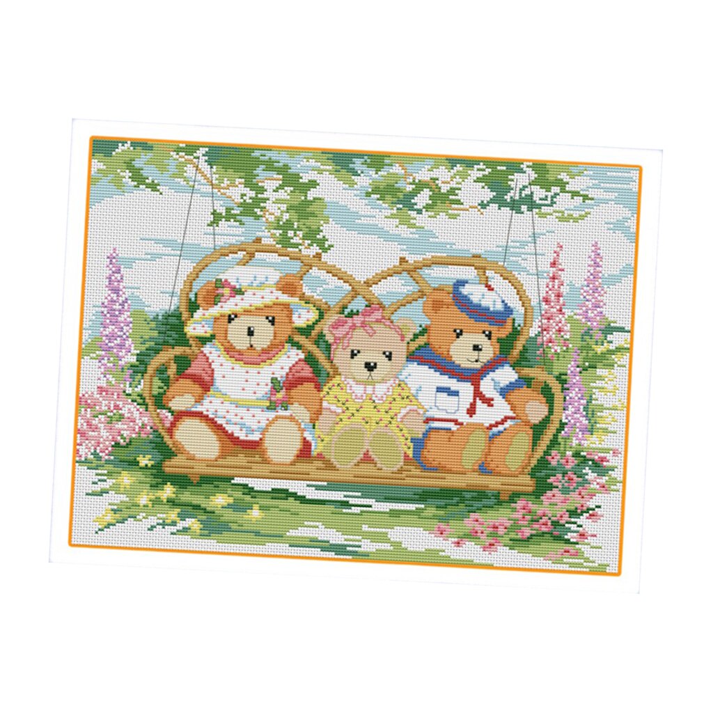 Dimensions Cross Stitch Kits Patterns Embroidery Kit - Cartoon Bears on Swing (STAMPED)
