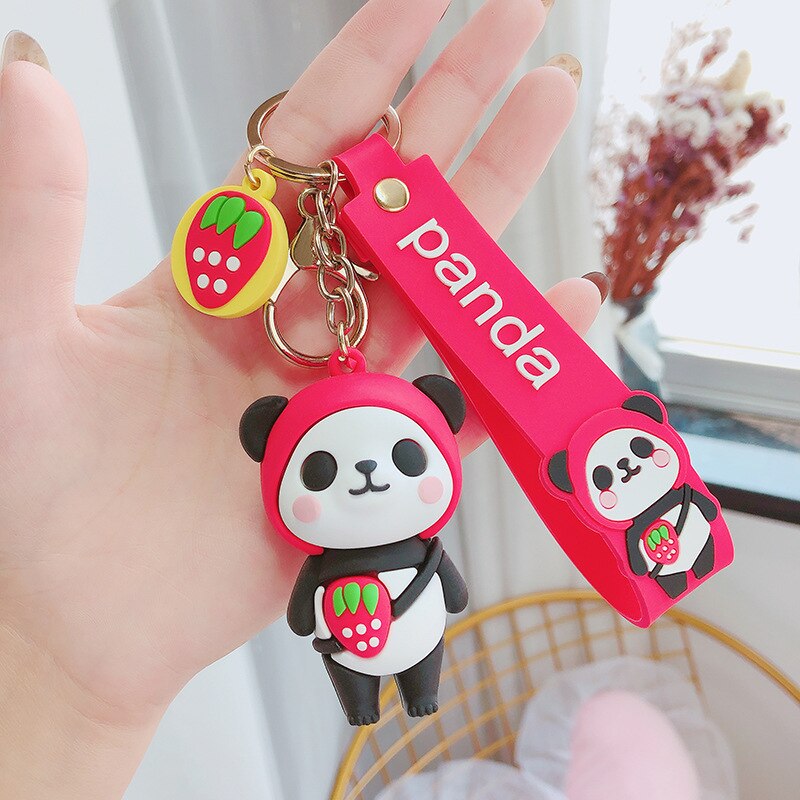 Cute cartoon Panda keychain Silicone Key chains For Women 3D Animal Keyrings Charm Car Key Holder bag ornaments: Red