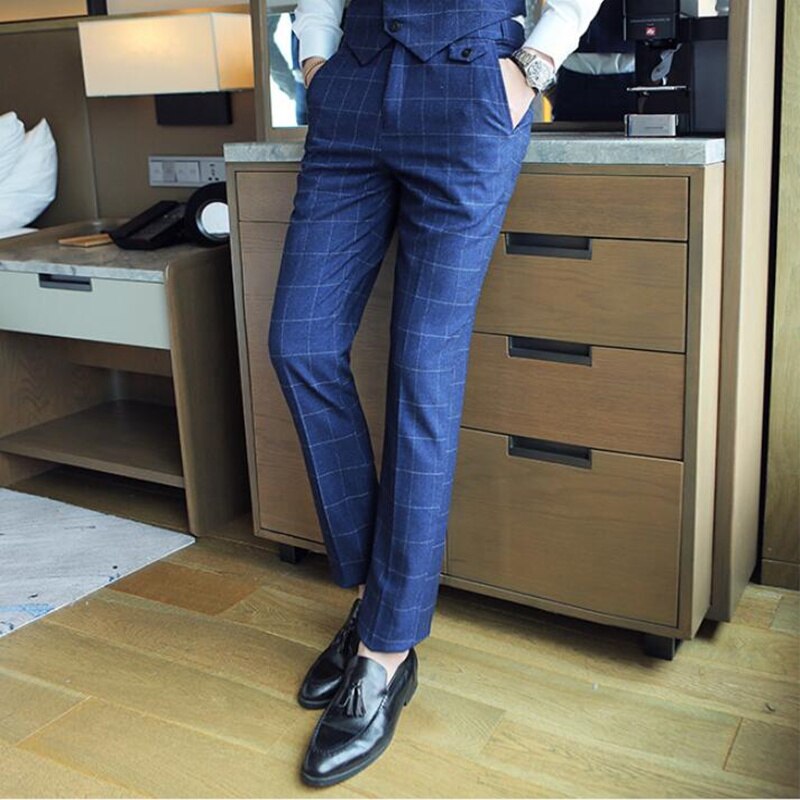 Men plaid Cotton Solid Color Business Suit Pants /Male slim Groom Wedding Dress Suit Pants Mens Trousers 29-35