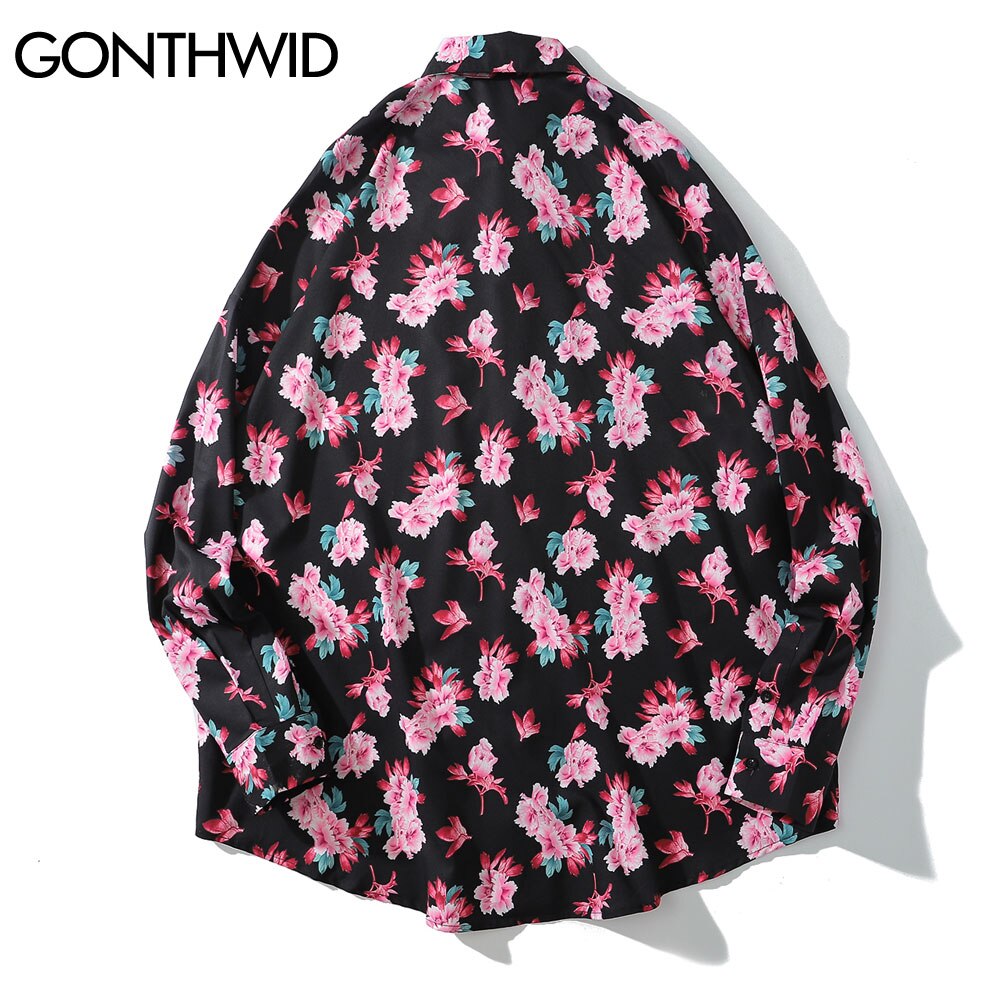 Gonthwid Pioen Bloemen Bloemenprint Lange Mouwen Hawaiiaanse Strand Shirts Heren Zomer Casual Button Down Strand Blouse Tops