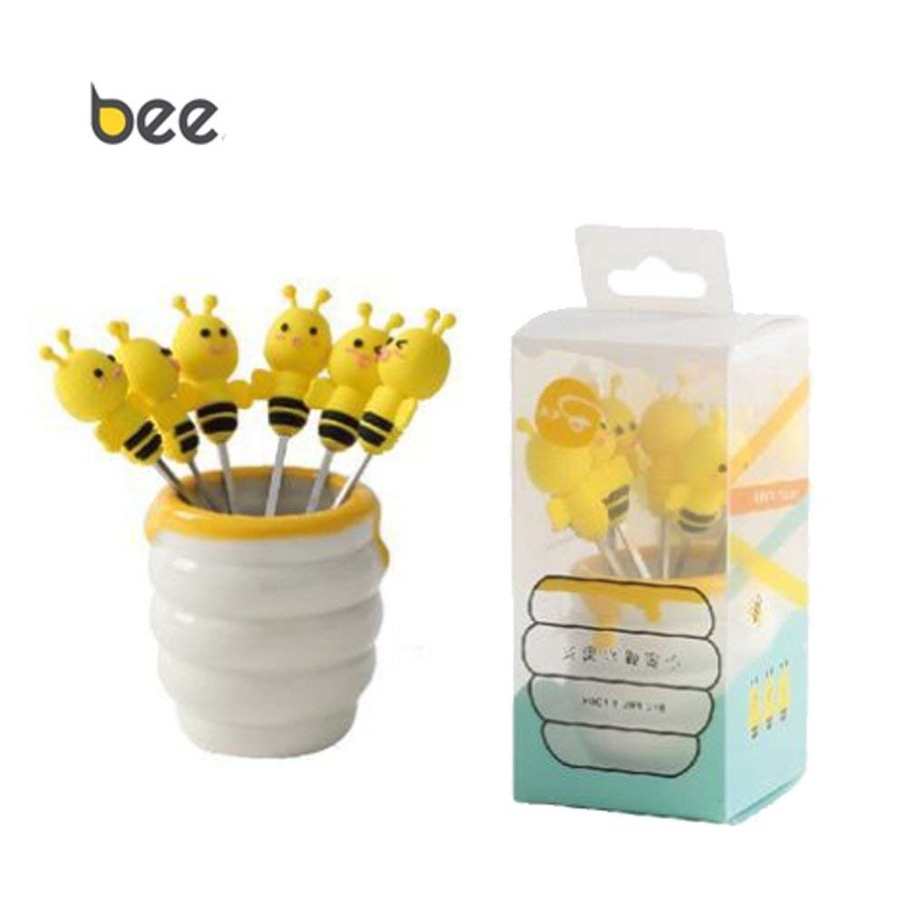 6 stk til hjemmet søte tegneserie salatgafler mini dessert fruktgafler holder rustfritt stål med holder silikonhåndtak gaffel bie