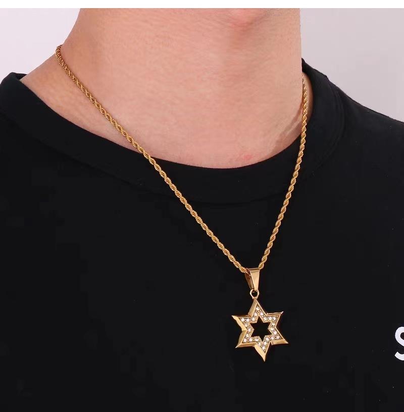 Hip Hop Star of David Pendant Men\'s Six Pointed Star Necklace Judaism Shield of David Amulet Jewelry