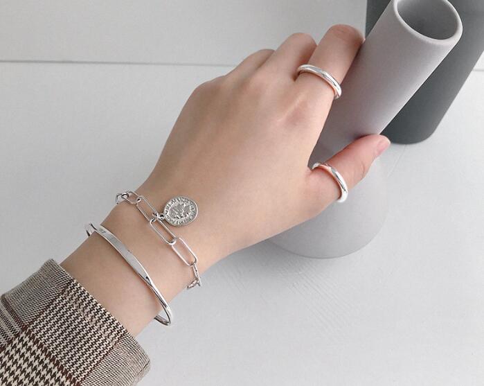 Minimalistische Authentieke 925 Sterling zilver Dubbele Gepolijst Lucky Rondes Geometrische Manchet Bangle Armband Passen fijne Sieraden TLS101