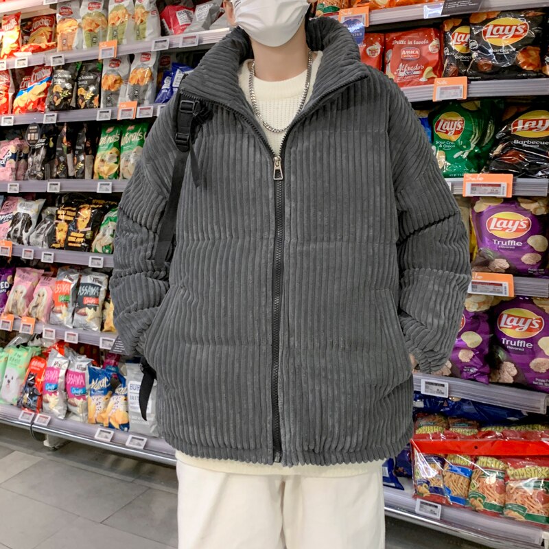 Giacca da uomo e da donna calda colletto in velluto a coste amanti del pane inverno Joker imbottito in cotone coppia sciolta addensare vestiti cappotto caldo in lana: L / gray