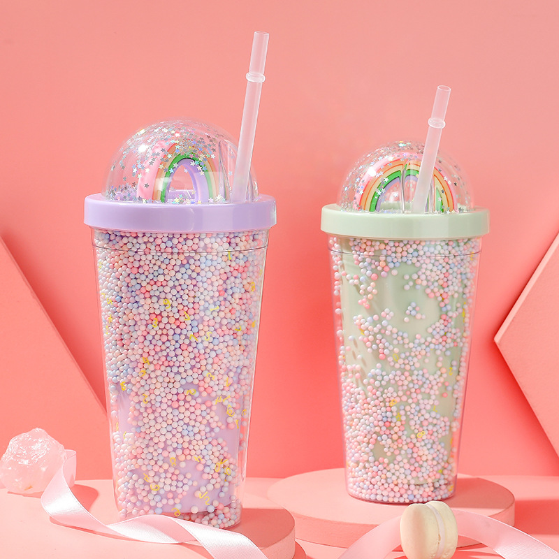 550ml Kawaii Cute Drinkware Rainbow Foam Straw Cup Girl Home Office Water Bottle Plastic Double Layer With Straw Girl