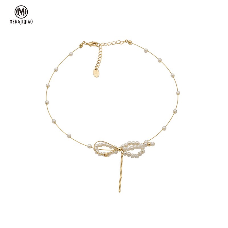 MENGJIQIAO Koreanische Elegante Nette Perle Bowknot Halsband Schmuck Für Frauen Mädchen Fasshion Hochzeit Kette Halskette Schmuckstück Colares