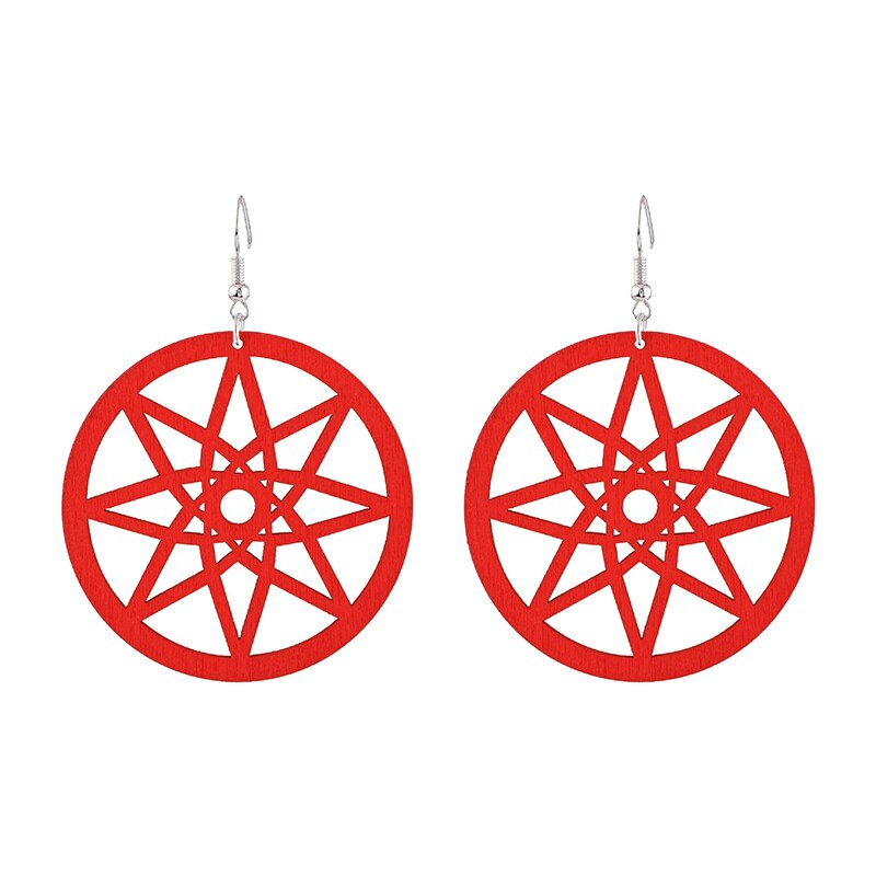 Retro Round Wood Earrings for Women Casual Original Hollow Eight-pointed Star Geometric Wooden Jewelry