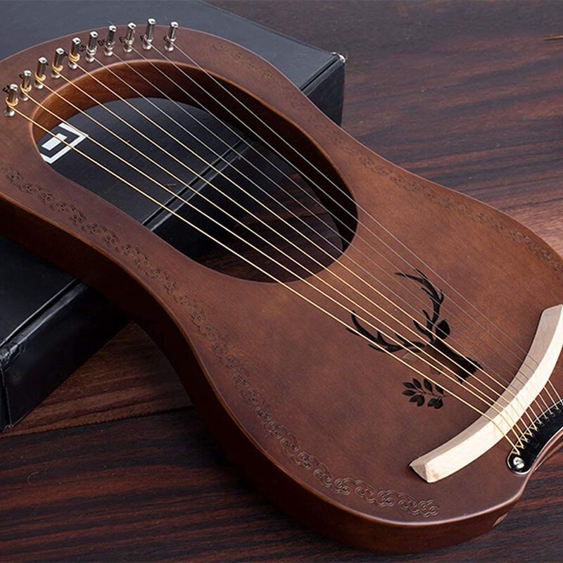 Lyrharpa 10 -strängad harpa heptachord mahogny lutharpa med graverade toner, stämnyckel, för musikälskare