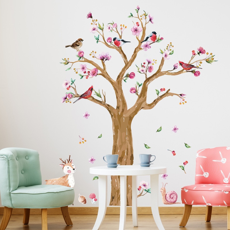 Cartoon Animals Tree wall sticker for Kids Room Hand Painted Birds Deer mamalook Lovely Flower Wall Decal mamalook