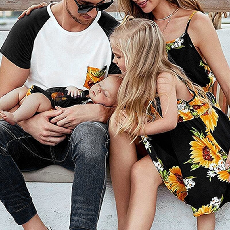 Mommy And Me Strapless Beachwear Mini Dresses Sunflower Pattern Women's Dress Mommy And Me Clothes Casual Family Matching Dress