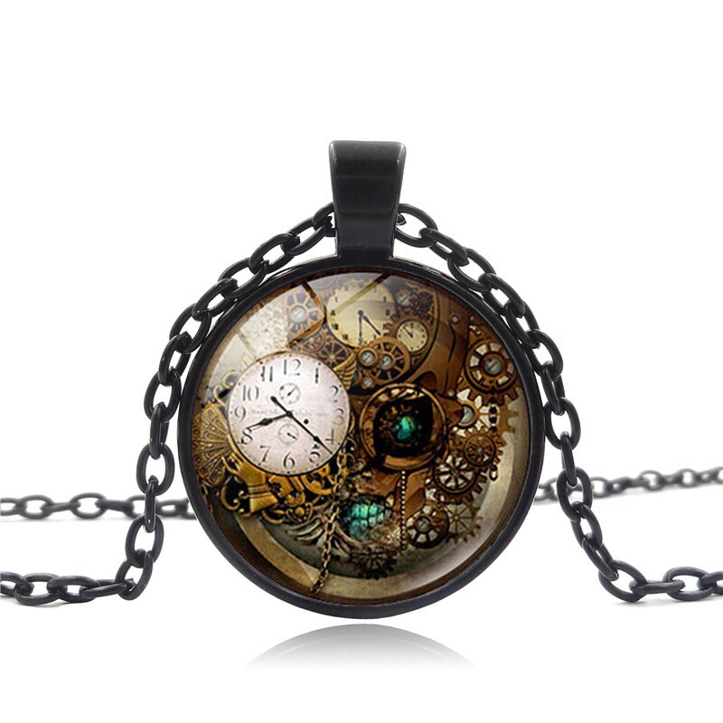 Steampunk Klok Ketting Klok Art Foto Glas Cabochon Hanger Collier Vrouwen Steampunk Sieraden: XSWX2394-black