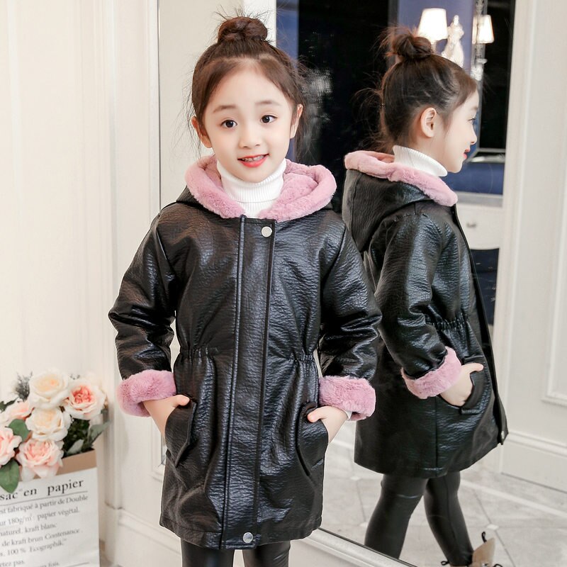 Faux Lederen Jas Meisjes Hooded Parka Fleece Jas Lange Lederen Elastische Taille Lederen Fleece Stof Waterdichte Bovenkleding Jas: Roze / 3T