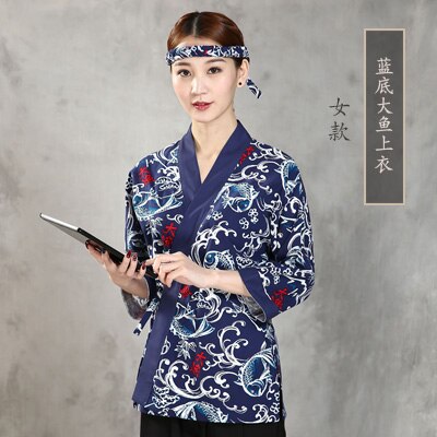 Japanese Style Long Sleeve Work Uniform Clothes Restaurant Sushi Chef's Clothes Kimono Work Suit: Blue / 165-170