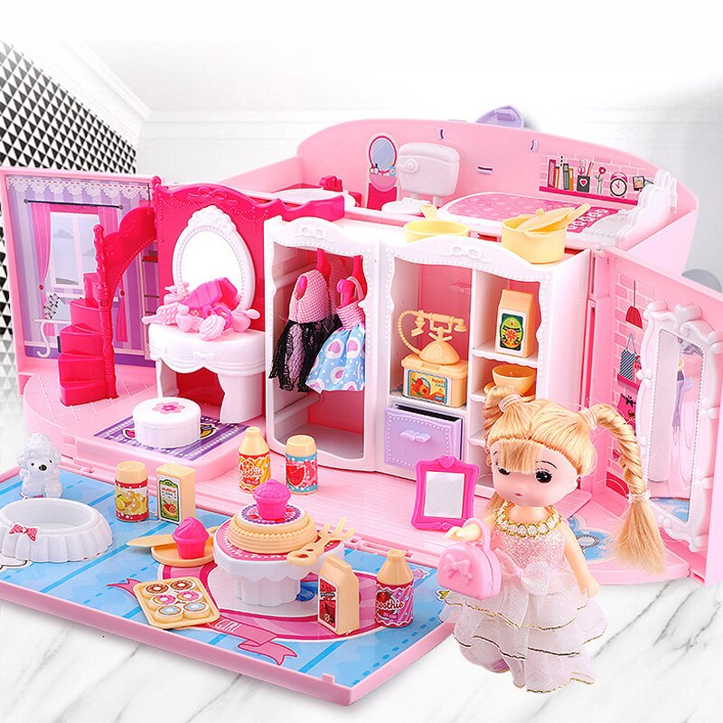 Pretend Play Kids Make Up Toys Luxury Simulation Dollhouse Handbag Toys for Girls Princess Kitchen Bedroom Miniature Furniture