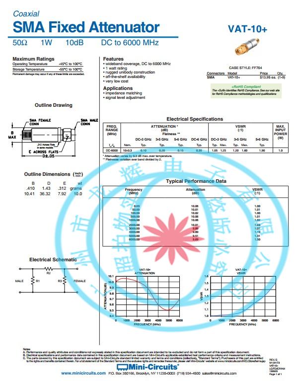 VAT-10+ 6 GHZ 10 db 1 w SMA rf coaxial fixed attenuator
