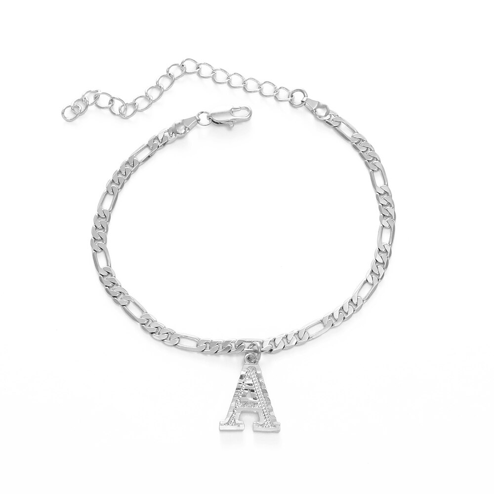 Anniyo 21cm + 10cm przedłużka do łańcuszka/A-Z początkowa kolor srebrny list Anklet kobiety alfabet biżuteria łańcuszek na kostkę Figaro łańcuchy # 233806B
