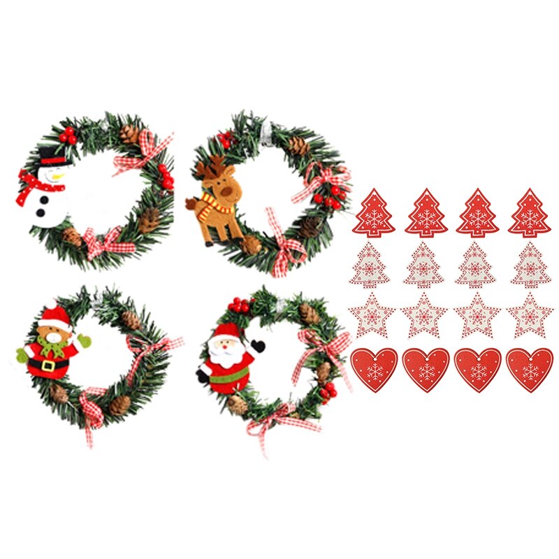 2 Stuks Pvc Kerstkrans Krans Kerstversiering & 16Pcs Gemengde Diy Witte & Rode Boom/Hart/star Houten Ornamenten Voor Christm