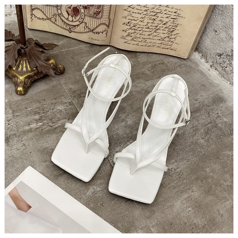 Lente Zomer Vierkante Teen Slingback Sandalen Smalle Band Gladiator Sandalen Schoenen Vrouwen Hoge Hakken Pumps Party Dress Schoenen: White / 7.5
