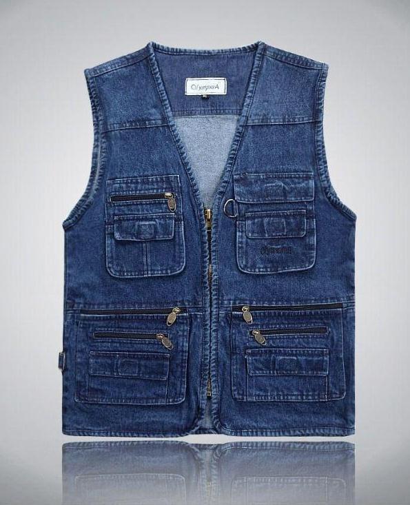 Male Denim Vests Men 4XL 5XL Vest Mens Combats Cotton Multi Pocket Sleevless Coats Jean Jacket Zipper Men's Jeans Tanks: XXXL