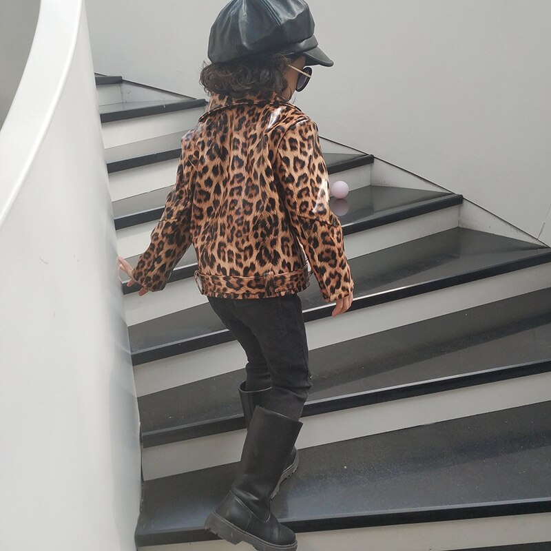 Kurtki skórzane w panterkę dla dzieci i dziewcząt, odzież wierzchnia ze sztucznej skóry dla małych dziewczynek, płaszcze ze sztucznej skóry, ubrania dla dzieci dla 2-6t osób