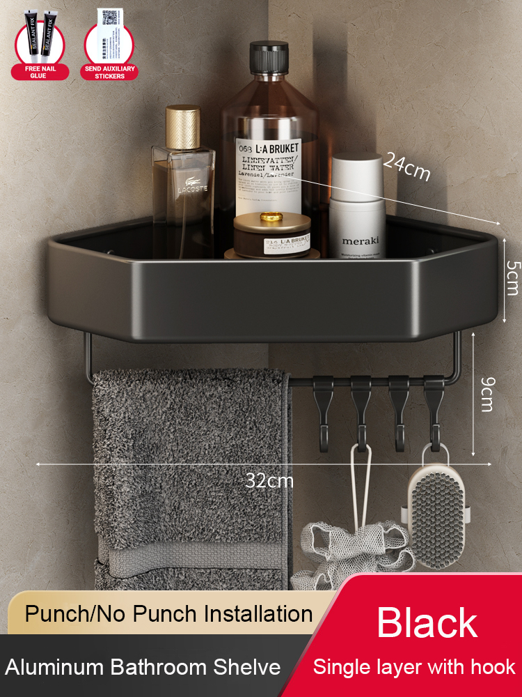 Badezimmerregal ohne Bohren, Eckraum, Aluminium-Lagerregal, Wandmontage, dreieckiger Korb, Duschraum, Aufbewahrungsorganisator FR2006: Gelb