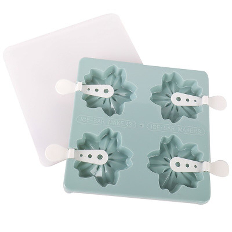 Cute Cartoon Flower Ice Cream Mold 4-hole Ice Tray Tubs Popsicle Maker Kitchen DIY Tools Cube Mold with Lid: Flower Blue