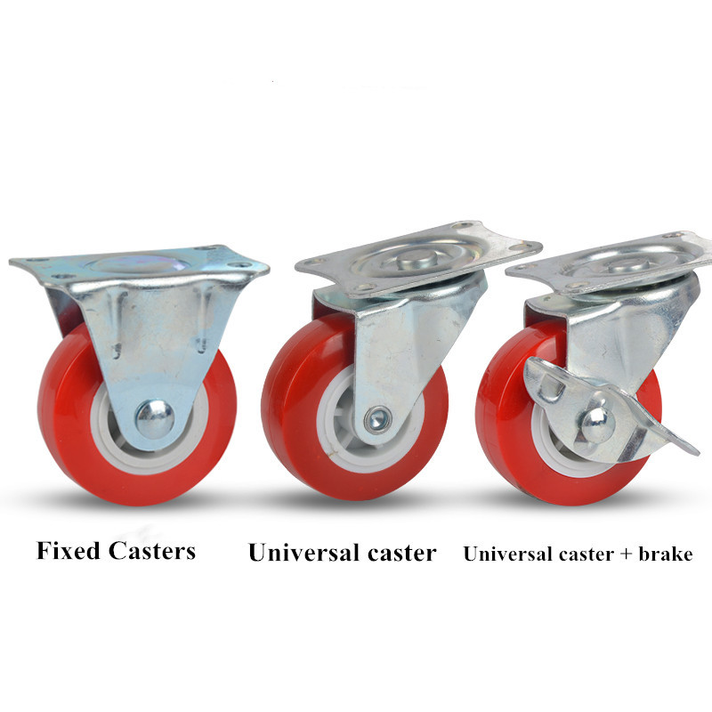 Red Plastic Fixed Casters, Noiseless Universal Wheel with Brake, Replacement Small Cart for Furniture, Hardware Accessories