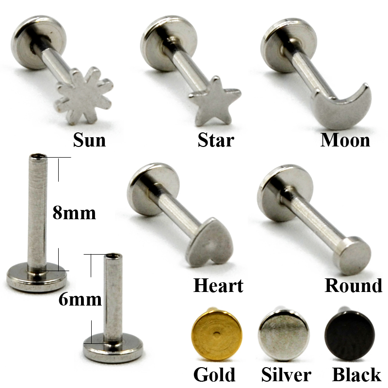 Pendientes de Labret de acero quirúrgico, Piercing de labio de formas mixtas, estrella, Luna, corazón, oreja, cartílago, Tragus, joyería con rosca interna, 9 unidades por lote