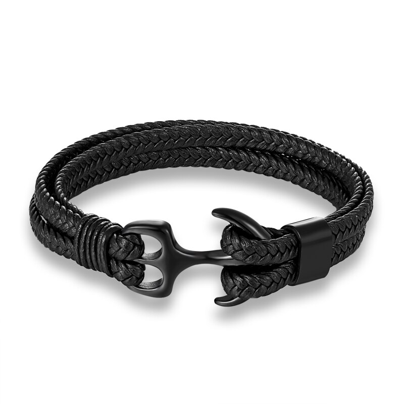 Charm Multilayer Men Leather Bracelet Black Gold Black Stainless Steel Survival Rope Anchor Bracelets for Men Male Jewelry: Black / 17.5cm