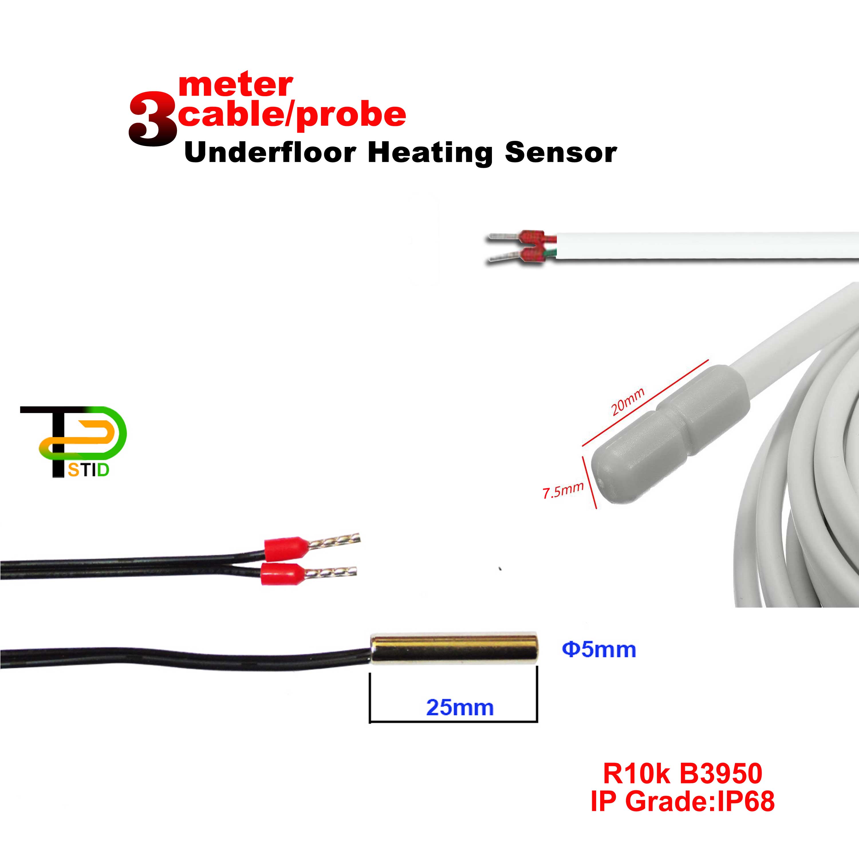 Gulvvarmetermostat temperaturføler for termistor 3950 ntc 10k kabel 3m