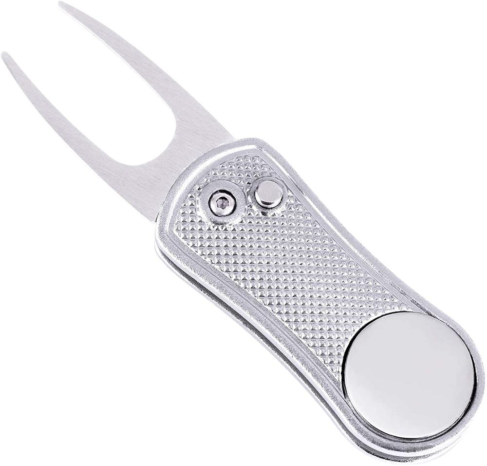Divot-Herramienta de reparación de Golf con mango de aleación, herramientas de Golf plegables, con marcador de Golf, cuchilla de conmutación, limpiador de ranura de paso, mango de aleación de aluminio: Silver
