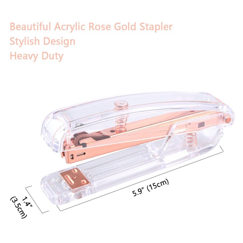 Rose Gold Stapler Acrylic Desktop Stapler with 1000 PCS Rose Gold Staples and 10 Pieces Blinder Clips for Office School Home Acc