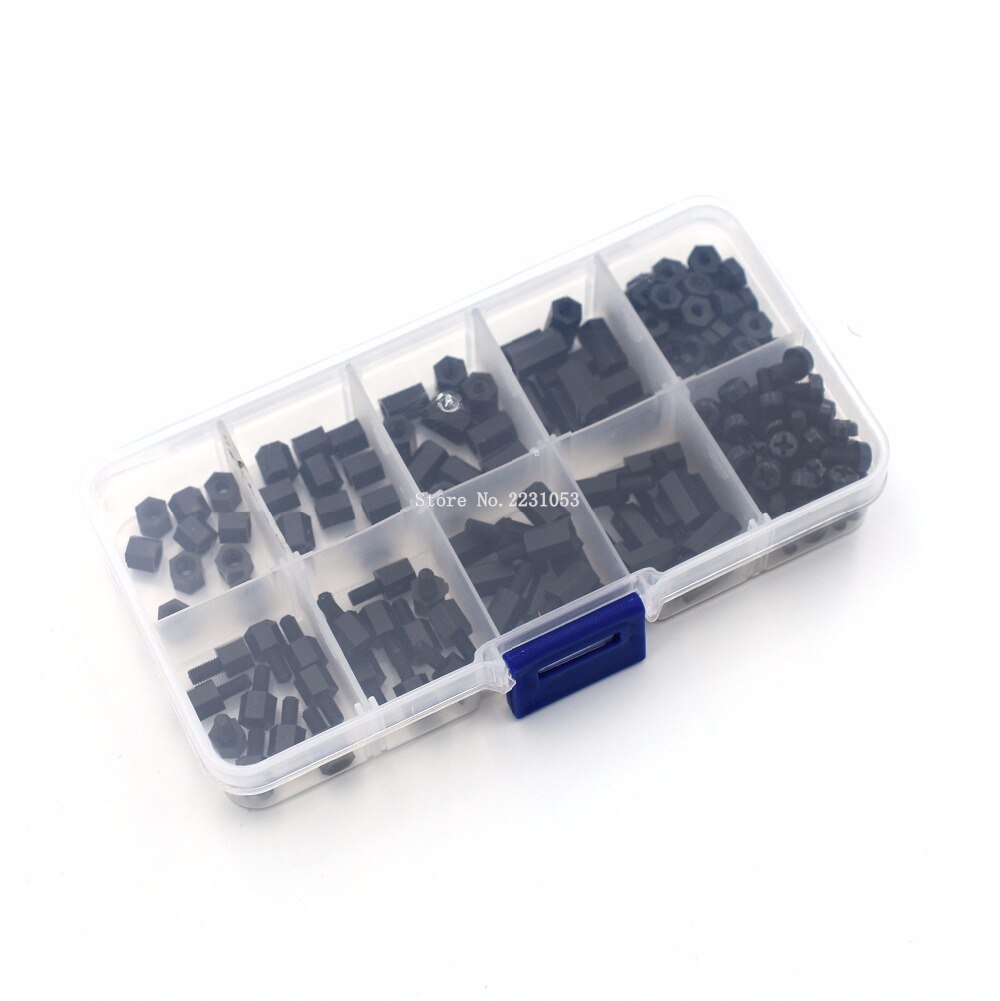 200 STKS M3 Nylon M-F Hex Spacers Moer Mannelijke Vrouwelijke schroef Assortiment Kit Zwart Stand off Set M3 * 5mm M3 * 6 M3 * 8 M3 * 10mm