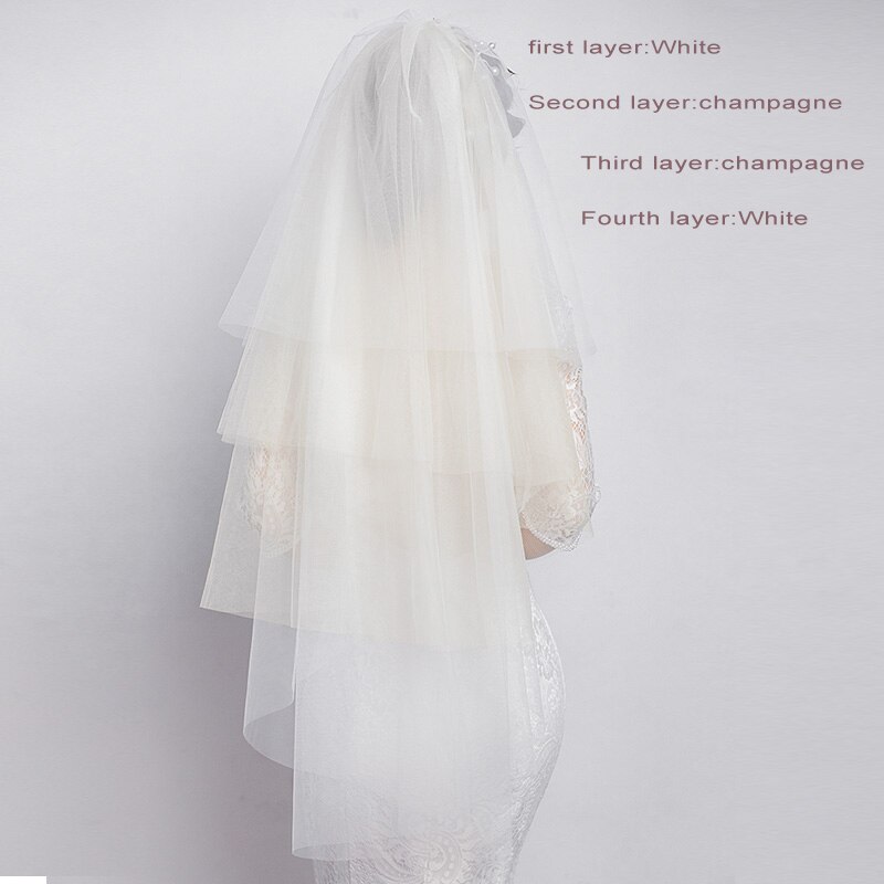 Tyll cut edge bryllup slør med kam fire lag blanding farge hvit champagne kort brudeslør bryllup tilbehør velos de novia