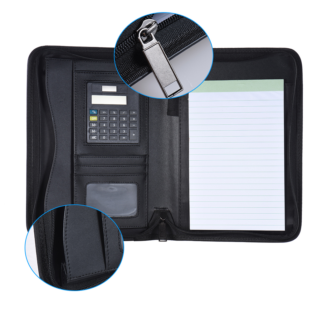 Padfolio Folder A5 PU Leather Business Document Case Organizer Zippered Closure with Calculator Card Holder Memo