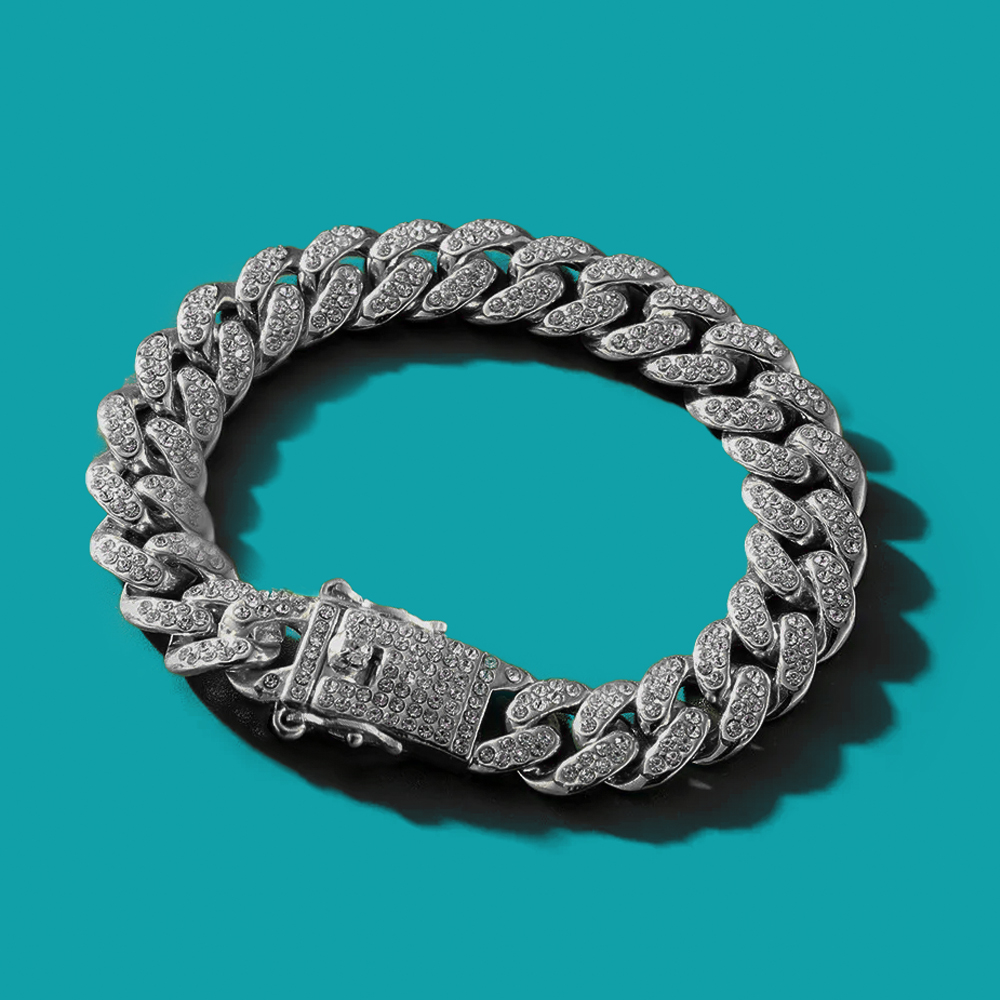 HipHop Men Women 13MM Prong Cuban Link Chain Bracelet Bling Iced Out 2 Row Rhinestone Paved Miami Rhombus Cuban Chain Jewelry