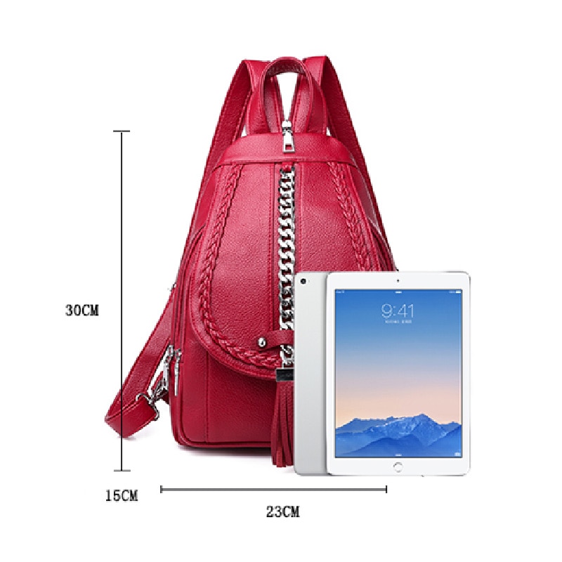 Weibliche Rucksack Leder Frauen Tasche Schule Mädchen Rot Bagpack Quaste Multifunktions Tasche Wasserdicht