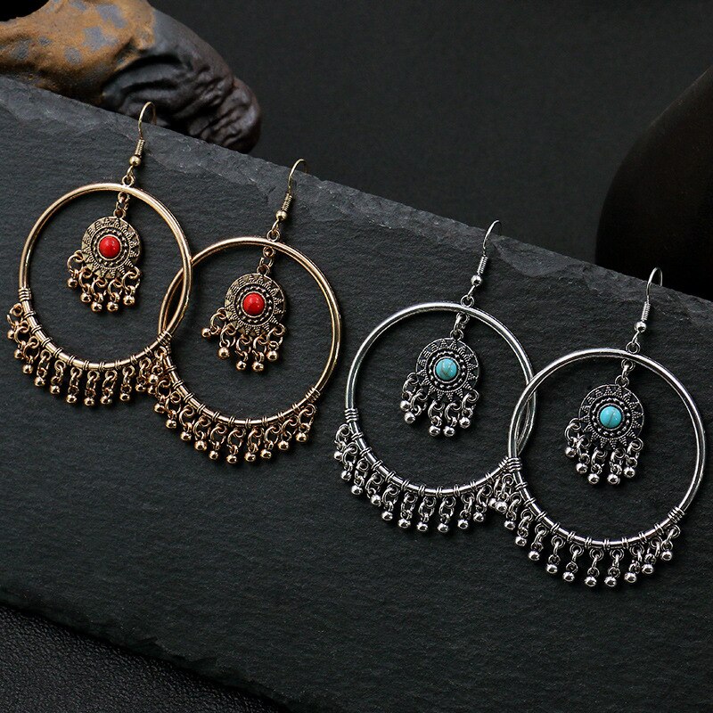 Classic Women&#39;s Gypsy Gold Round Wedding Earrings Tibetan Jewelry Ladies Retro Tassel Indian Jhumka Earrings