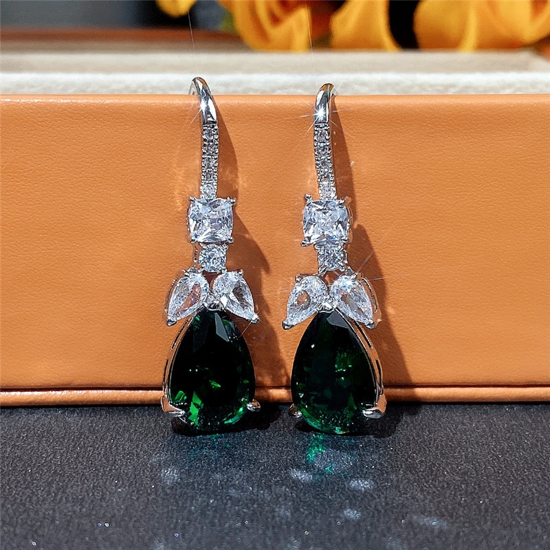 Huitan Nobele Peer Vormige Groen Zirconia Oorbellen Vrouwen Wedding Party Oor Accessoires Mooie Sieraden