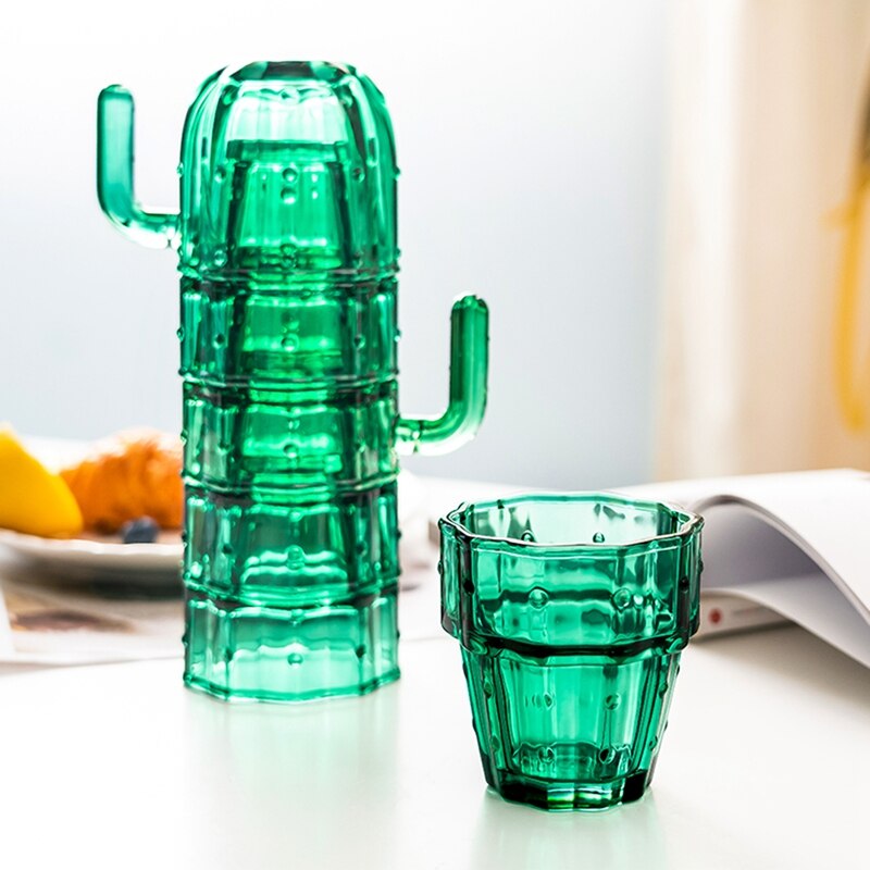 Juego de tazas de vidrio apilables con forma de Cactus, vasos verdes para zumo, café, té, para beber, 6 unids/set: Default Title