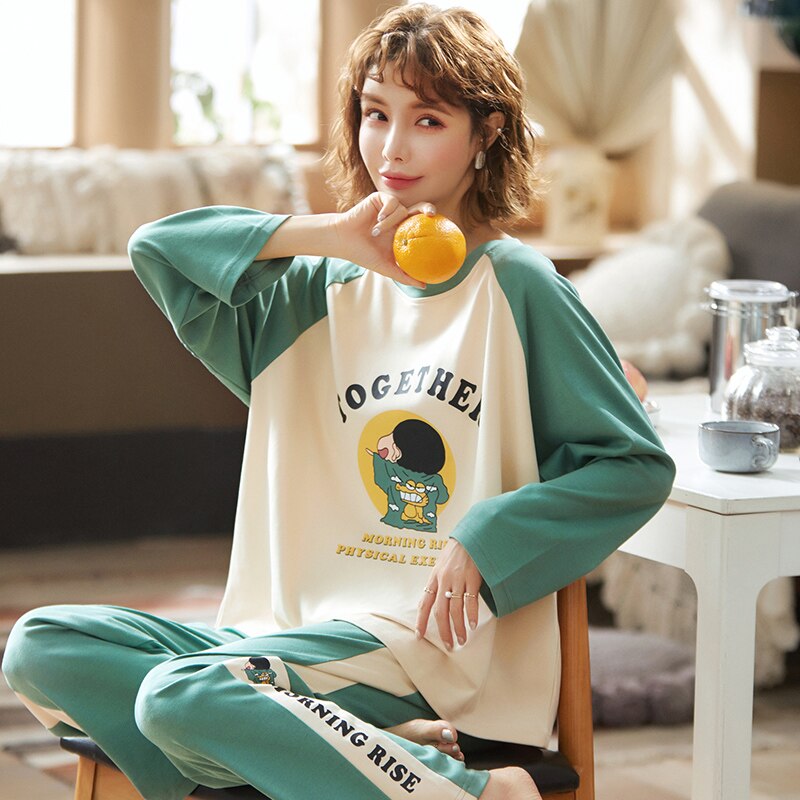 Coton bande dessinée hiver Couple pyjamas ensemble col rond décontracté vêtements de nuit à manches longues haut + pantalons longs vêtements de nuit amoureux Homewea: women / M