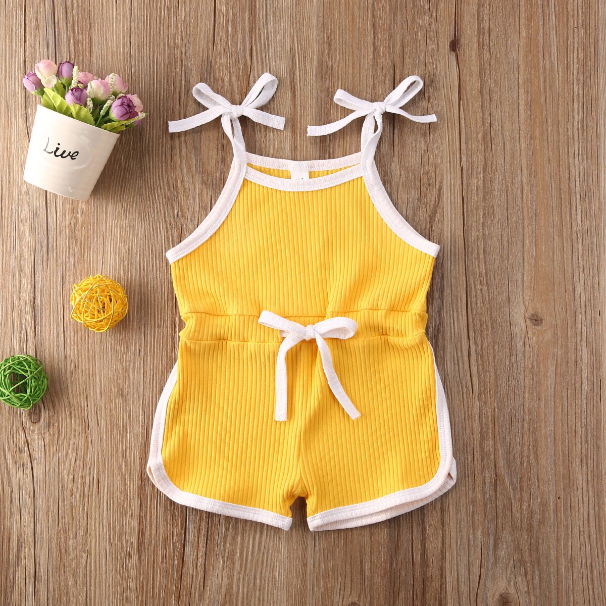 Barboteuse d&#39;été pour bébés garçons et filles, salopette sans manches, combinaisons à ceinture, en coton tricoté, vêtements décontractés, 4 couleurs: YELLOW / 18M